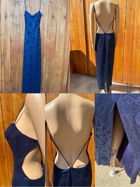 MASQUERADE Dark Blue Floral Sparkles Slit in Back Formal Evening Dress - M